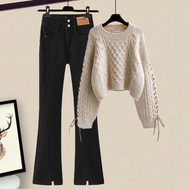

Women's Two Piece Pants 2022 Winter Korean Hand Knitted Sweater Casual Jeans Trousers Elegant Women's Set Loose Suit, Black jeans