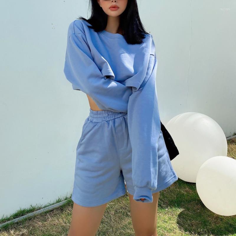 

Women' Tracksuits Women Crew Neck Drop Shoulders Cropped Sweatshirt Co-ord Set Cotton Sweat & Shorts S924, Grey shorts