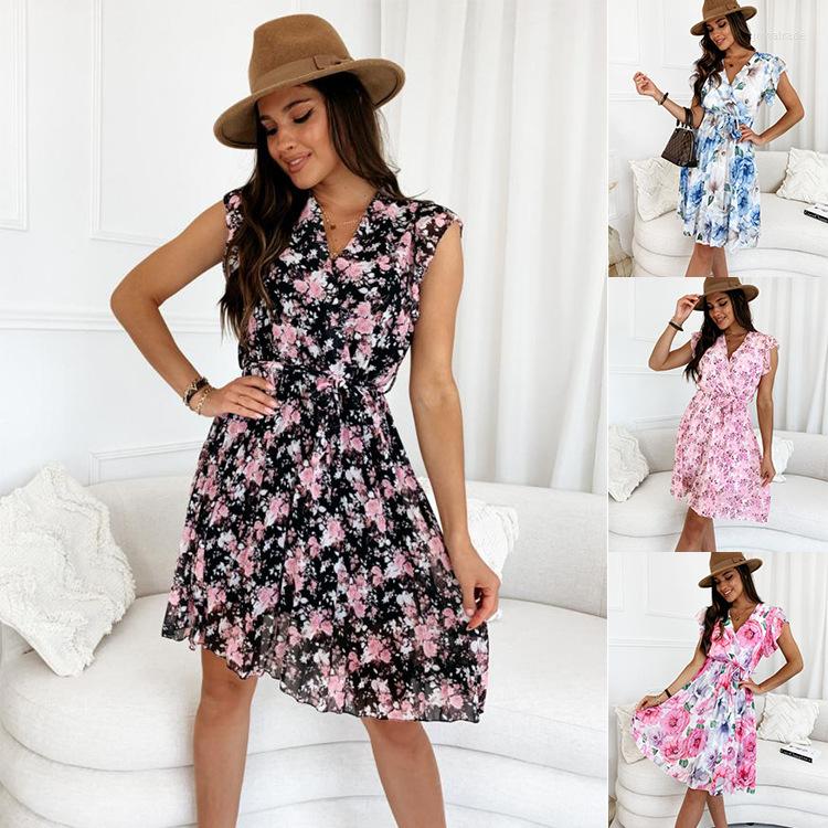 

Casual Dresses 2023 Flowing Sleeves With Broken Waist Print Pleated Dress For Women