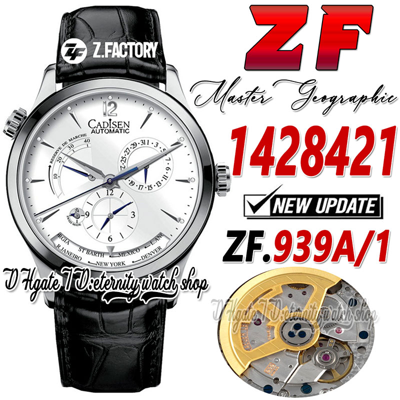 

ZF cf1428421 Master Geographic GMT Mens Watch Real Power Reserve A939A/1 Automatic Stainless Case Silver Dial Black Leather Strap Super Edition eternity Watches, Watch waterproof production cost