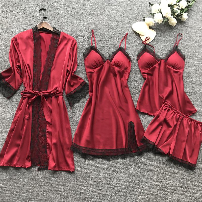 

Women's Sleepwear Women Sexy 4 Pieces Pyjamas Nightgown Lace Pajamas Sleep Lounge Set Pijama Faux Silk Night Home Clothing Pajama, 0350-2