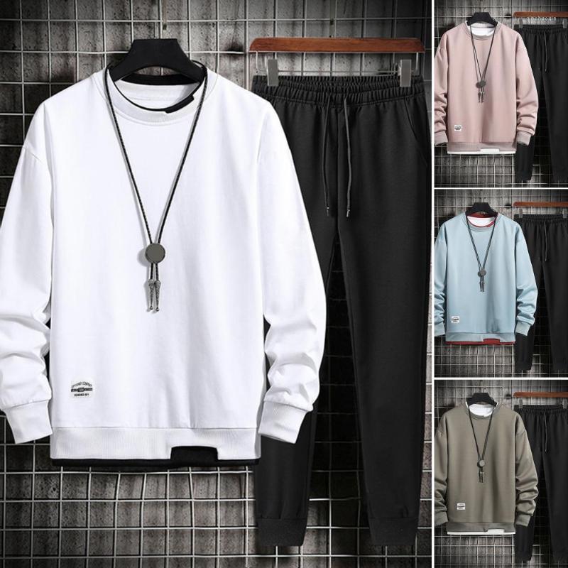 

Gym Clothing 2Pcs/Set Fashion Spring Autumn Fake Two Pieces Sweatshirt Jogging Pants Set Sporty Outfit Drawstring Cold Resistant, Black