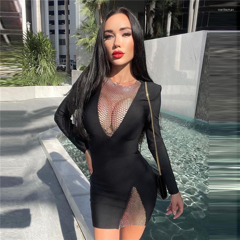 

Casual Dresses Luxury Diamonds Bandage Dress Women Sexy V Neck Long Sleeve Mini Vestidos White Black Red Celebrity Party Club