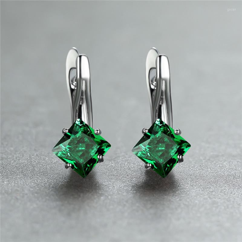 

Hoop Earrings Cute Female Small Square Stone 12 Colors Birthstone Charm Silver Color Wedding For Women