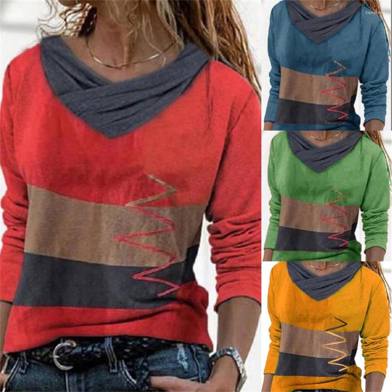 

Women' T Shirts Women T-Shirts V Neck Contrast Color Irregular Stitching Stripes Spring Autumn Long Sleeve Street Hipster Clothing Ladies, Blue