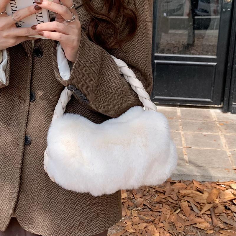 

Evening Bags Soft Faux Fur Women Totes Winter Fashion Braided Hand Strap Ladies Handbags And Purses Plush Cloud Underarm Bag Bolsa Feminina, Blue