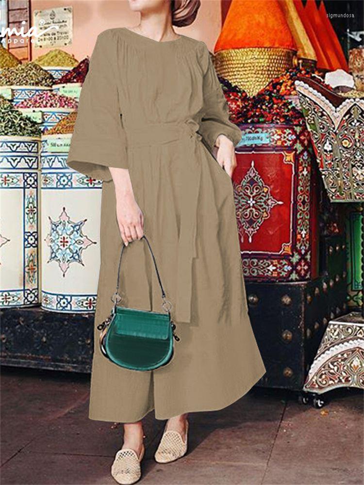 

Casual Dresses Celmia Round Neck A-line Robe Loose Holiday Cotton Linen 3/4 Sleeve Maxi Dress Women Solid Color Vintage Long, Black