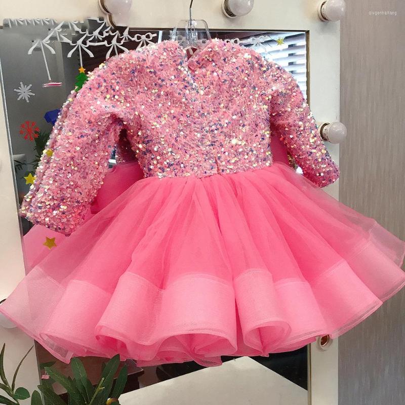 

Girl Dresses Long Sleeve Ball Gown V Neck Party Layers Puffy Princess Dress Shiny Birthday First Communion, Pink