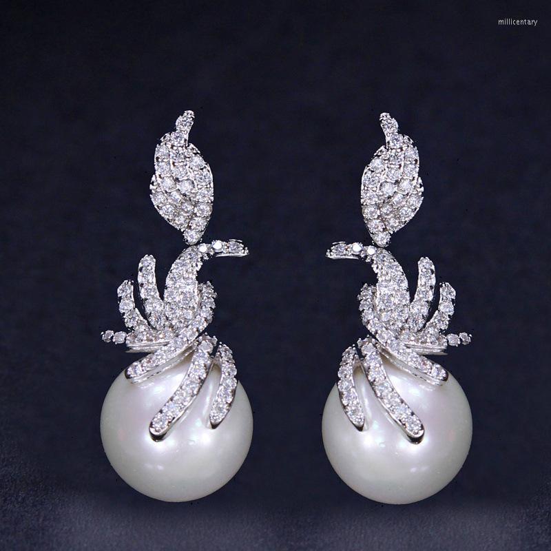 

Dangle Earrings QLadies Silver Color Big White Pearl Long Vintage Zircon For Women Wedding Bridal Jewelry