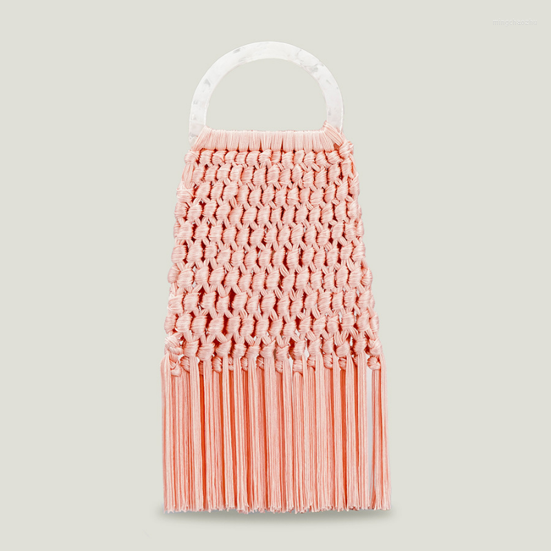 

Evening Bags Fashion Tassel Fishnet Women Handbags Luxury Marble Handle Lady Handmade Woven Party Purses Casual Summer Small Tote, Black