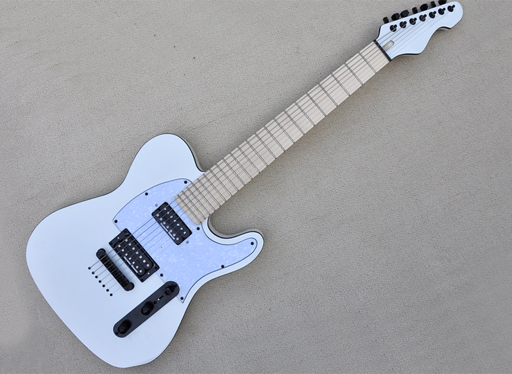 

7 Strings White Electric Guitar with Humbuckers Maple Fretboard