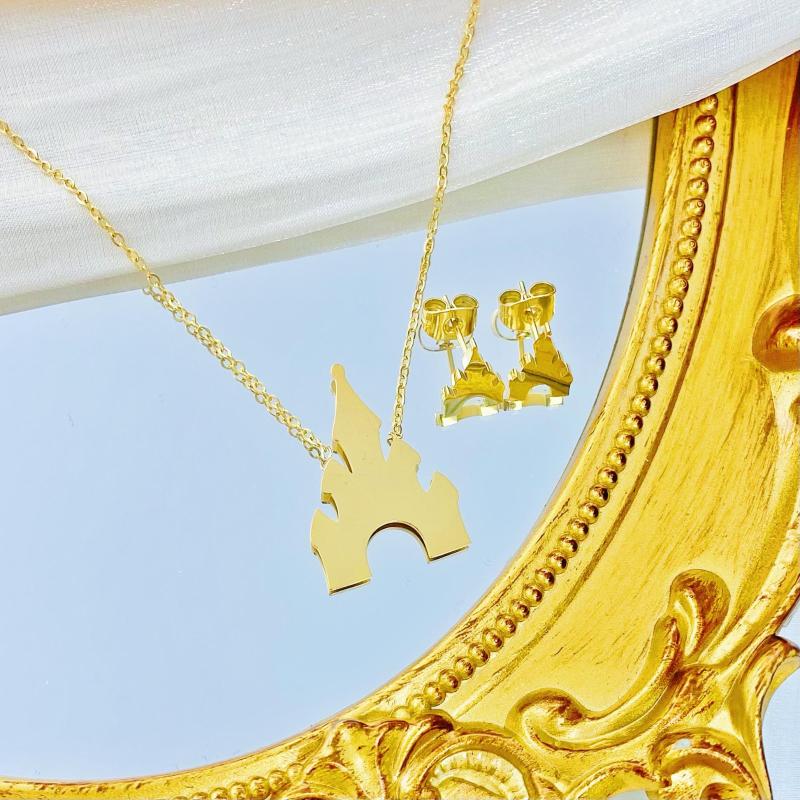 

Necklace Earrings Set Jewelry Fashion Design Stainless Steel Cartoon Land Castle Head Hollow Pendant, Picture shown