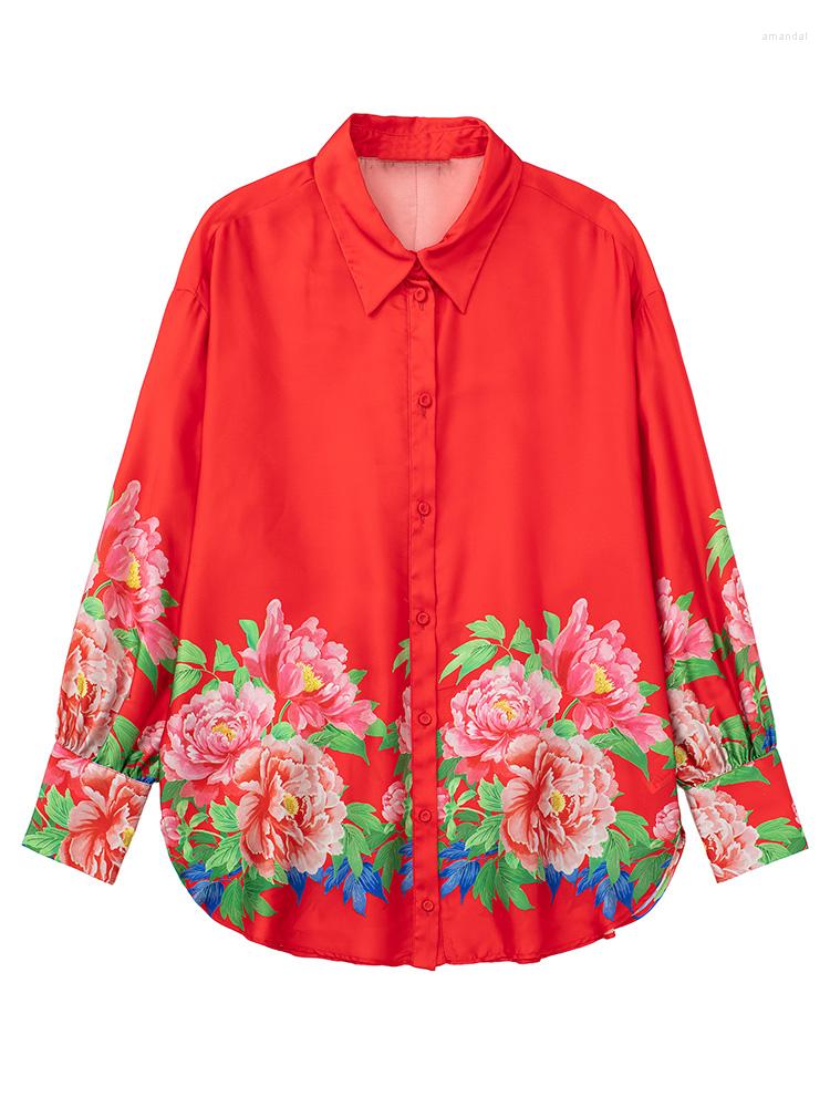 

Women's Blouses Long Sleeve Shirts For Women Elegant Vintage Floral Print Shirt 2022 Turn Down Collar Button Up Red Satin Effect Oversized
