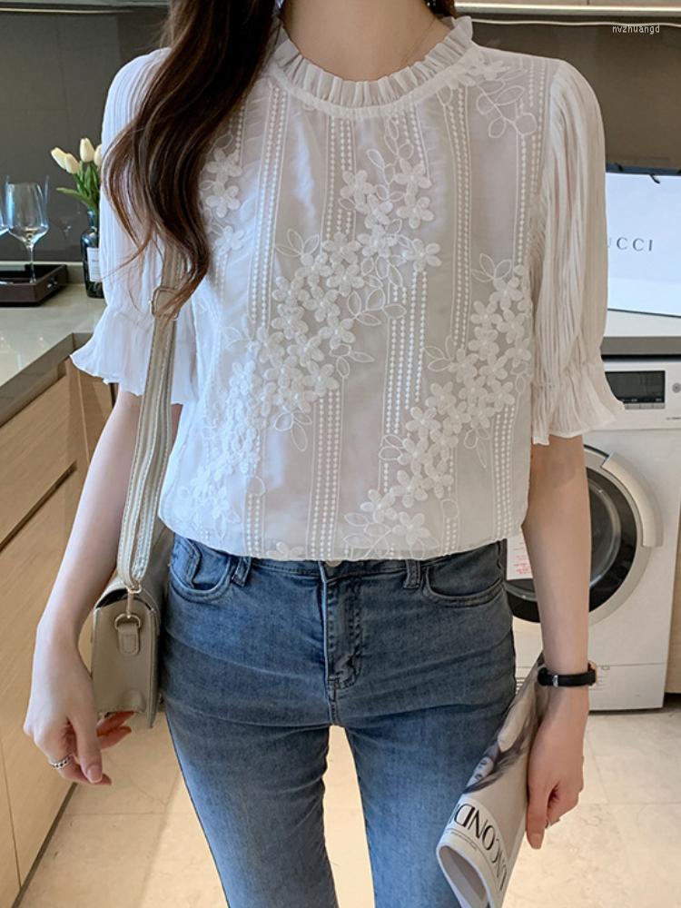 

Women' Blouses Embroidery Summer Women Blouse Casual Short Sleeve Chiffon Lace Female Shirt Elegant Office Lady Crew Neck Tops, White