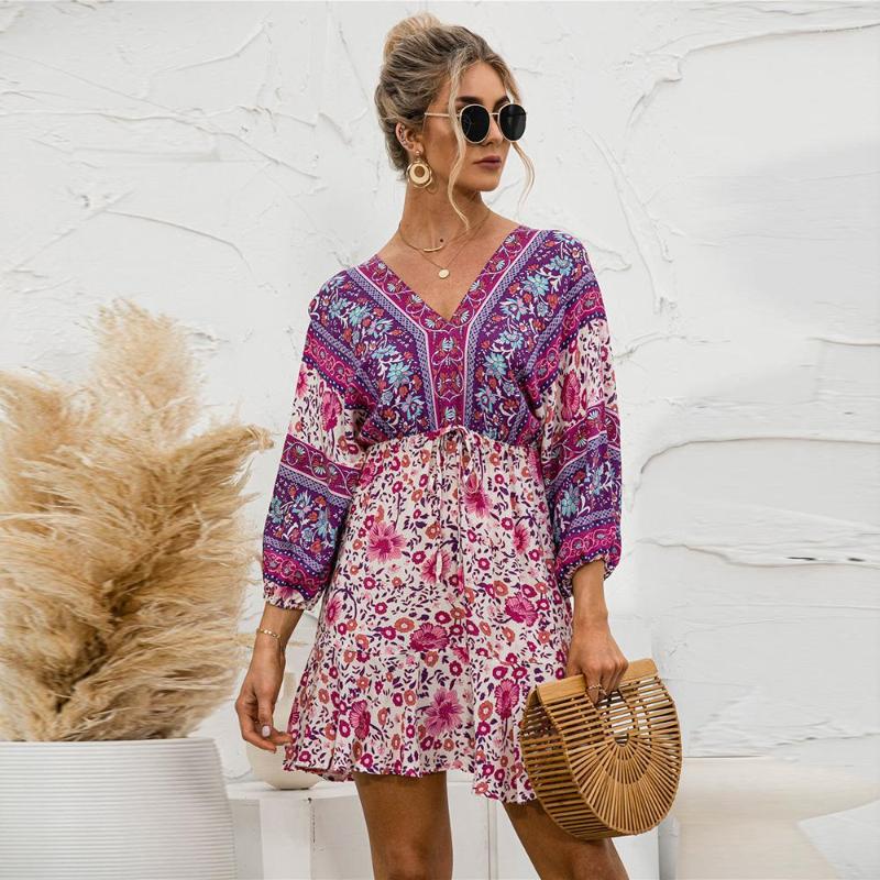 

Casual Dresses Bohemian Floral Print Sexy V-neck Lace Up Decor Backless Mini Dress Women Autumn High Waist Holiday Ruffles Vestidos, 2490 dark blue