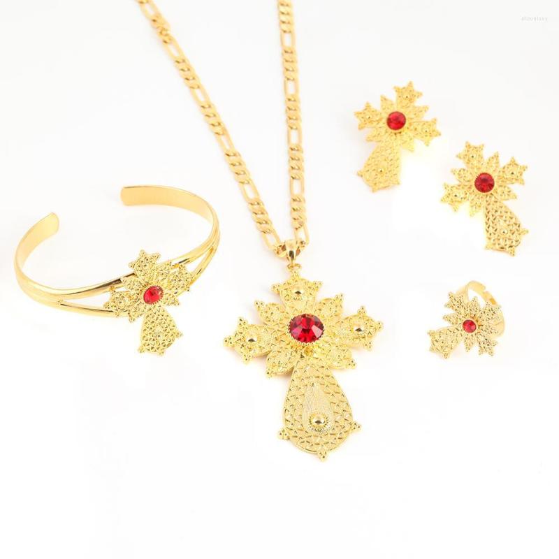 

Necklace Earrings Set Ethiopian Cross Pendant Latest Africa Dubai Bridal Wedding Jewelry, Picture shown