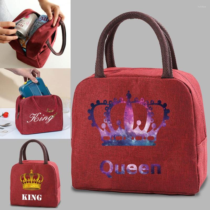 

Duffel Bags Lunch Bag Bento Box Insulated Canvas Cooler Kids Food Thermal Handbag King Queen Print Organizer Women Picnic Portable Pack, Red