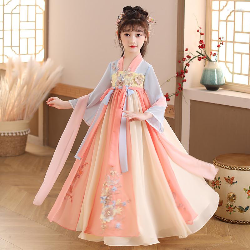 

Girl Dresses 2022 Chinese Hanfu Applique Dress Han Clothing, Gray