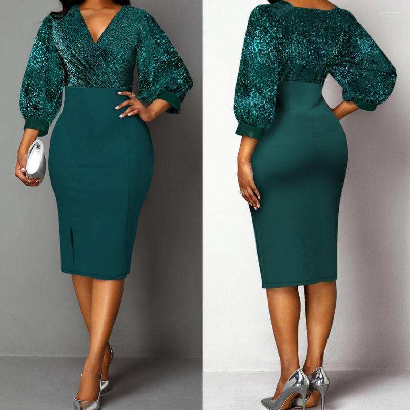 

Casual Dresses Summer Autumn Formal Party Bodycon Dress Patchwork V Neck 3/4 Lantern Sleeve, Blue