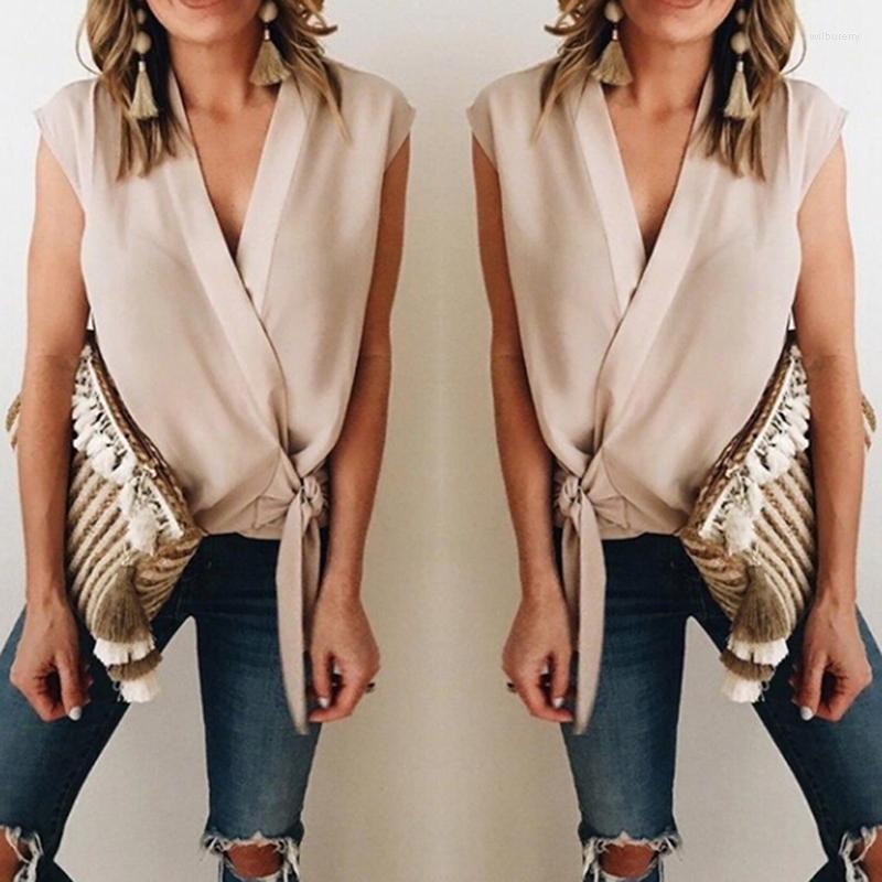 

Men's Casual Shirts Elegant Summer Women Tops Blouses Fashion Sexy V-Neck Side Bow Party Female Sleeveless, Beige