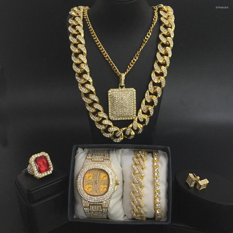 

Necklace Earrings Set Luxury Men Watch Iced Out Cuban Hip Hop &Necklace &Pendant & Bracelet &ring Combo Pendant Men's Jewelry, Picture shown