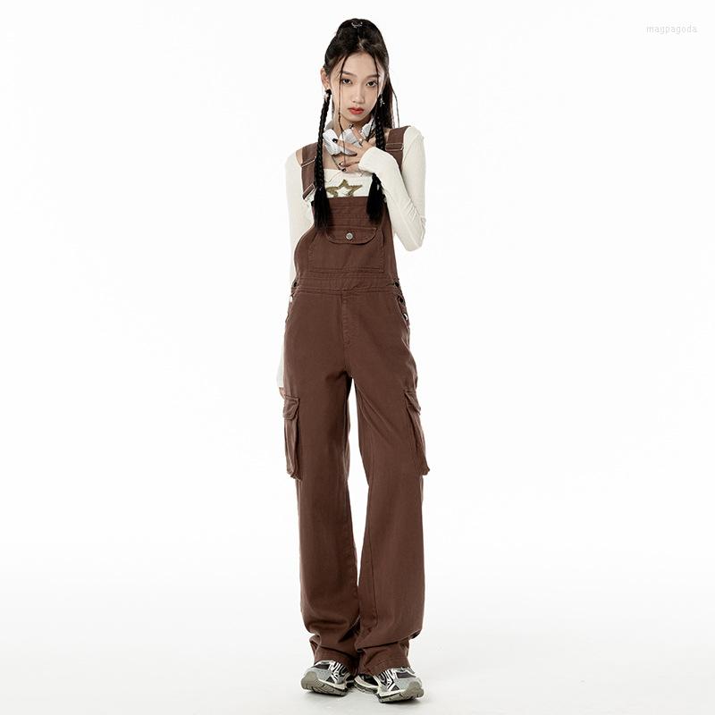 

Women's Jeans Coffee Color Working Bib Top Pants Loose Wide Leg Retro Straight Women Casual Dentage Overalls Pockets Coveral