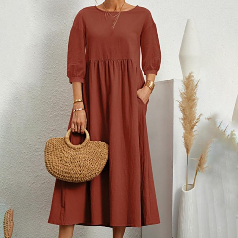 

Casual Dresses O-neck 3/4 Lantern Sleeve Loose Dress Slant Pockets Pleated Large Hem Women Solid Color Midi Female Clothing, Navy blue