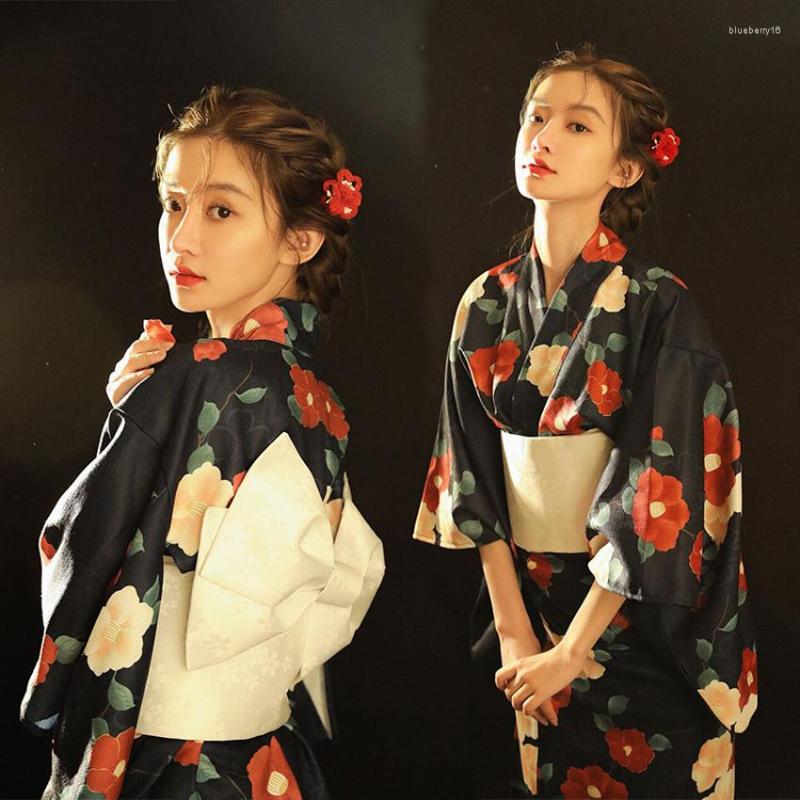 

Ethnic Clothing Japanese Traditional Kimono For Women Yukata Fashion Floral Sasanqua Print Robe Dresses Vintage Obi Harajuku Geisha Girl