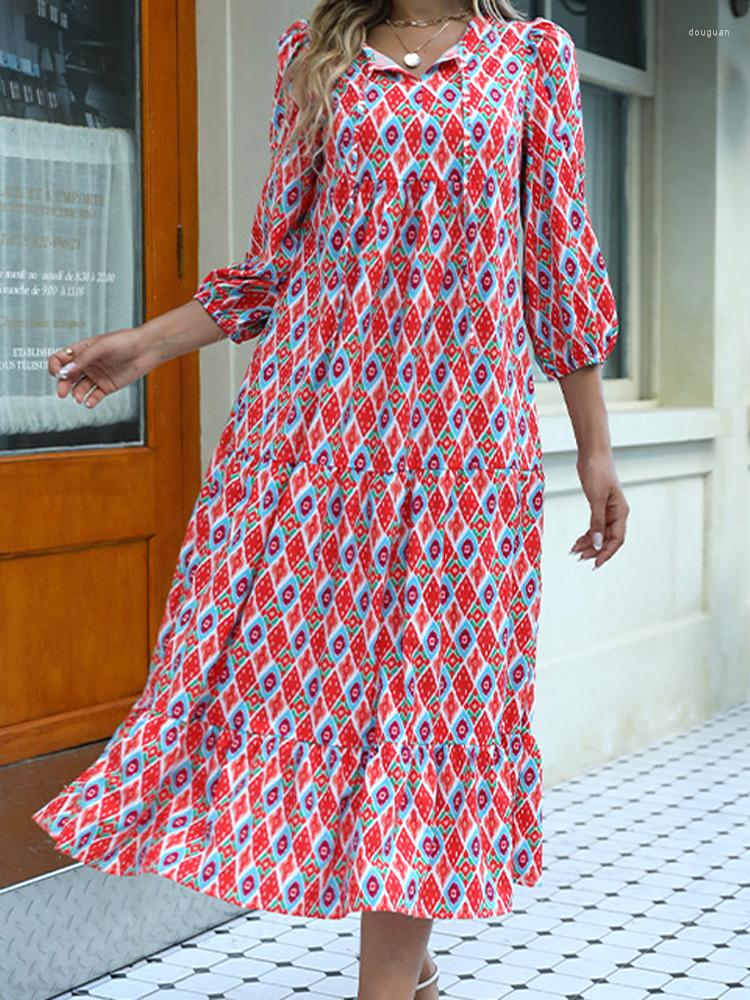 

Casual Dresses Spring And Autumn Fashion Print Boho Shirt Dress Lady Sexy V-Neck Long Sleeve Loose Elegant Female Beach Skirt, Red