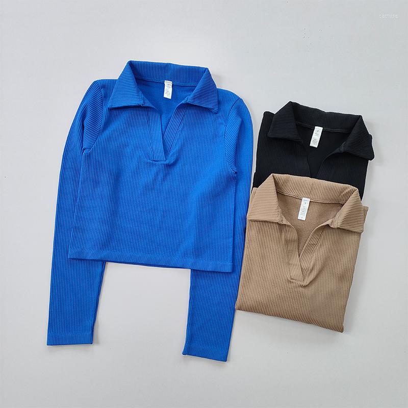 

Active Shirts Fall Lapel And Exposed Navel Short Sports Long Sleeved Crop Top Running Clothes Women' Solid Slim T-shirt Fitness Yoga, Khaki