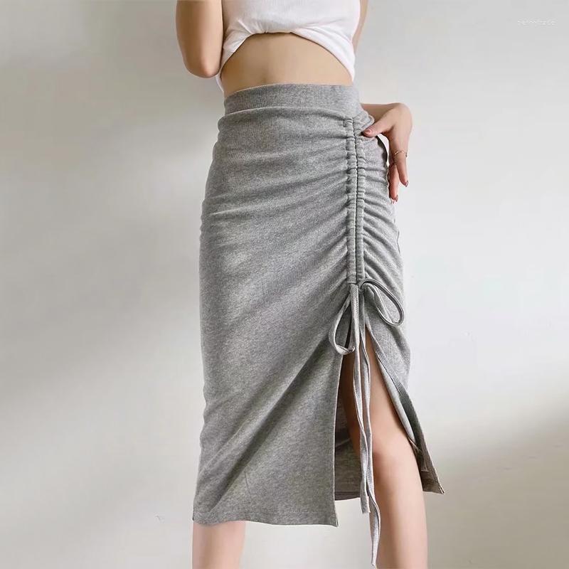 

Skirts Women Ruched Drawstring Slip Midi Skirt Thigh Split, Black