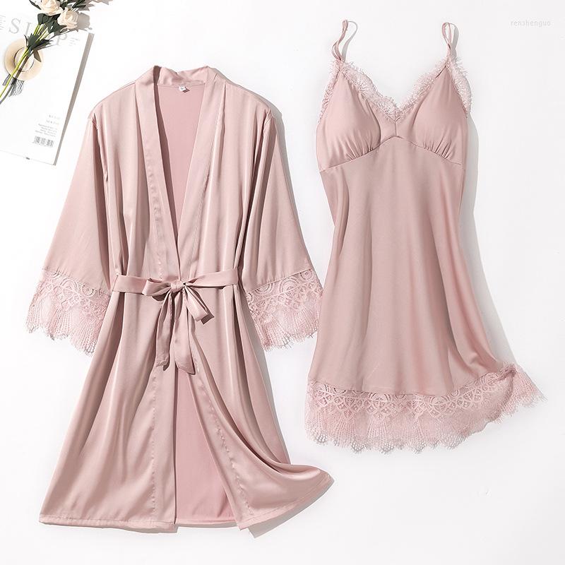 

Women's Sleepwear Women's Summer Spring 2pcs Sleep Suit Sexy Pajamas Satin Silk Mat Lace Housewear Underwear, Burgundy 2pcs a
