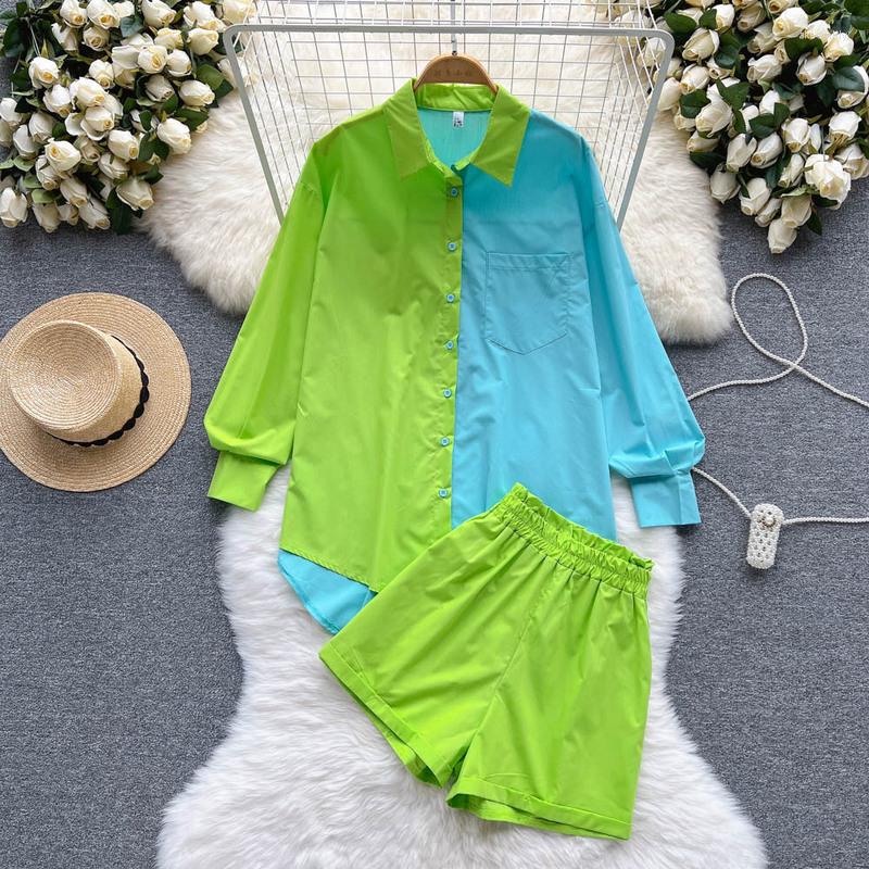 

Women's Tracksuits 2022 Women Long Sleeve Contrast Color Shirt Mini Shorts Cotton Two Pieces Sets Ladies Outfits Blouse Fashion Clothes, Blue set