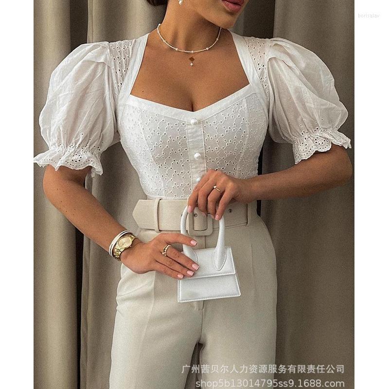 

Women' Blouses Summer Fashion Lace Hollow Out Slim Shirt Women Blouse Casual Short Puff Sleeve V-neck Pullover Beading Top, White