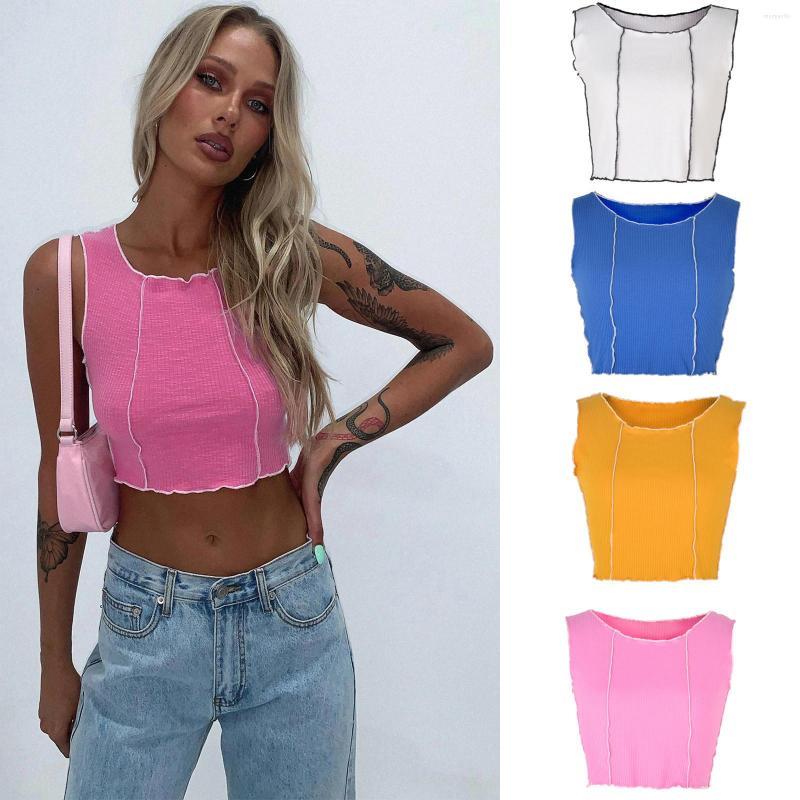 

Women's Tanks Women's Summer Fashion Contrast Stitching Vest O Neck Cropped Slim Tops