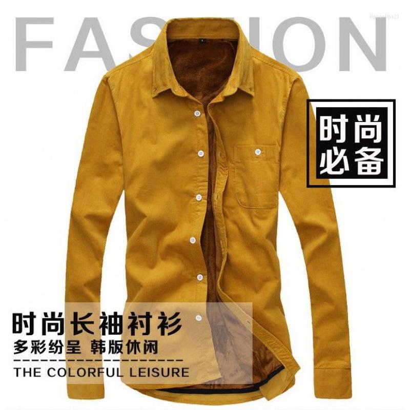 

Men's Casual Shirts Autumn Corduroy Long Sleeve Shirt Male Middle-aged Men With Velvet Thickening Warm Worn Wool Coat, White
