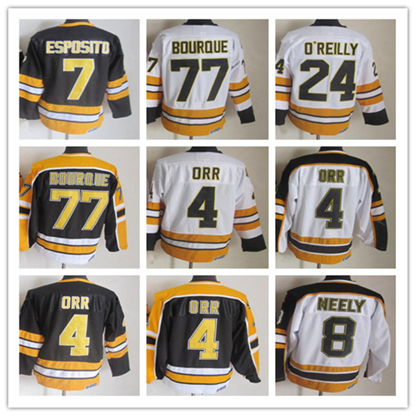 

Boston Vintage Ice Hockey Jerseys 4 Bobby Orr 7 Phil Esposito 24 Terry O'Reilly 8 Cam Neely 77 Ray Bourque Stitched CCM Retro Uniforms Black White Yellow Alternate, As pic