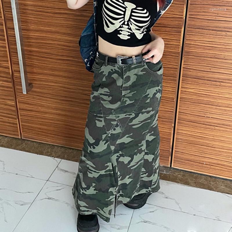 

Skirts Female Camouflage Pattern Cargo Fall Spring Summer High Waist Split Hem Wrapped Hip Long Skirt Women Y2K Streetwear