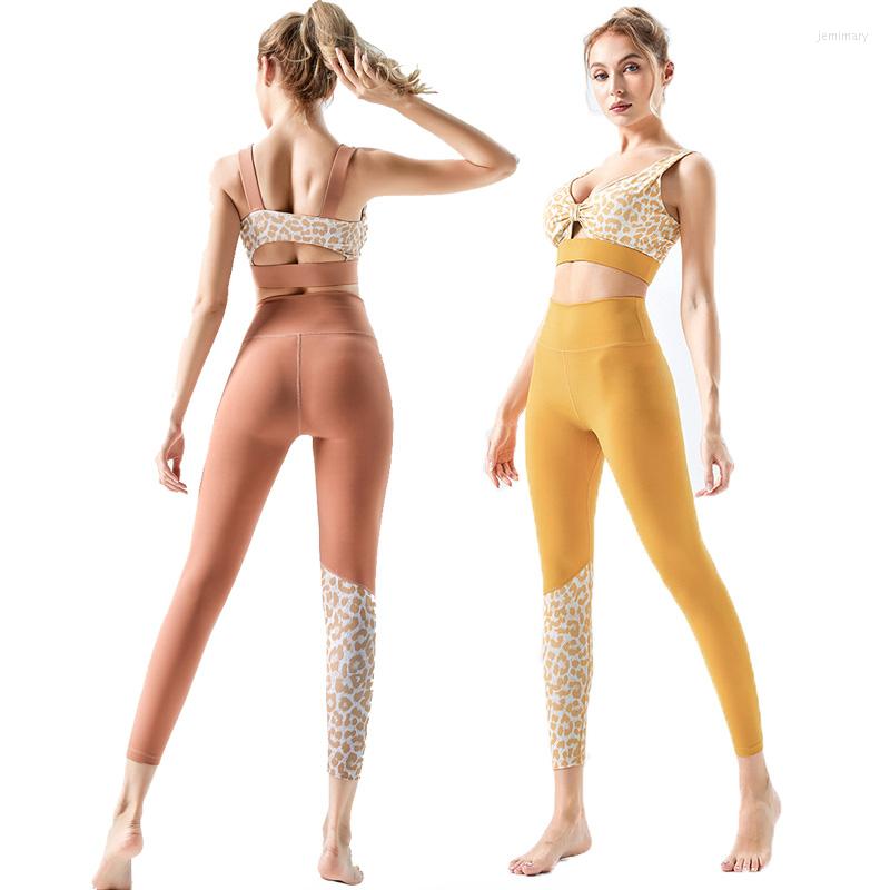 

Active Sets Leopard Print Yoga Clothing Set Sleeveless Tight Women's Seamless Hip Raise High Waist Fashion Running Sport Fitness 2 Piece, Orange