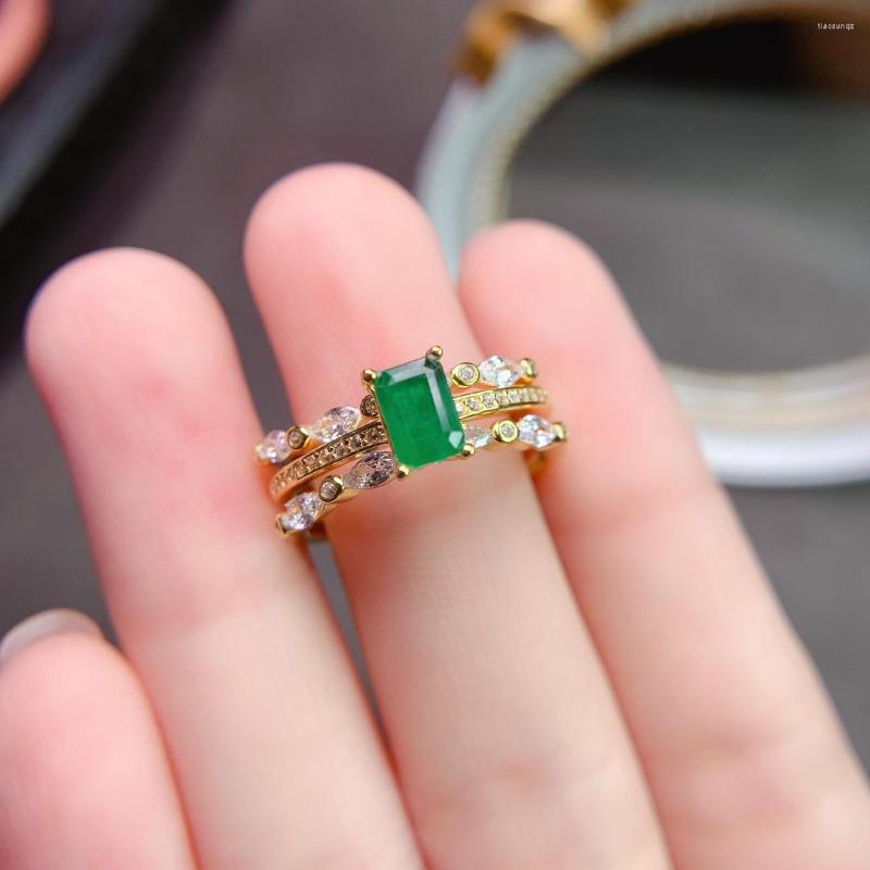 

Cluster Rings 925 Silver Women's Square Natural Emeralds Gold Rose Stackable Double Ring Set High Jewelry Gifts
