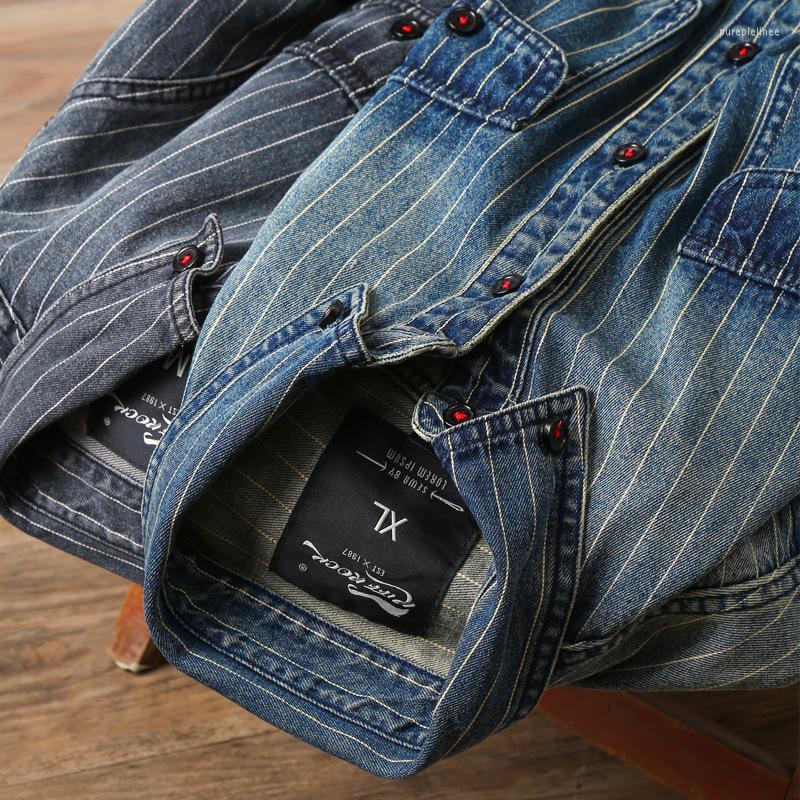 

Men' Casual Shirts Retro Striped Denim Shirt Spring Fall Fashion Men' Clothing Wash Do Old Jackets Double Pockets Lapel Handsome Male, Black