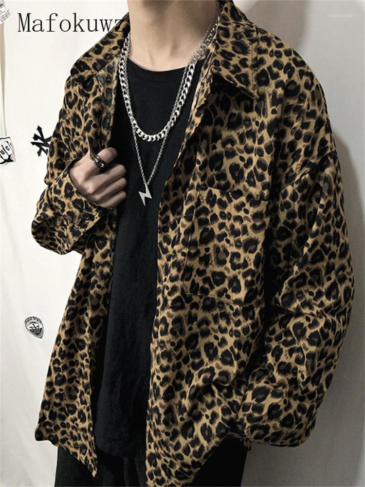 

Men's Casual Shirts Mafokuwz Men Loose Long Sleeve Blouse Harajuku Hong Kong Style Personality Leopard Shirt Stylist Nightclub Male, Yellow