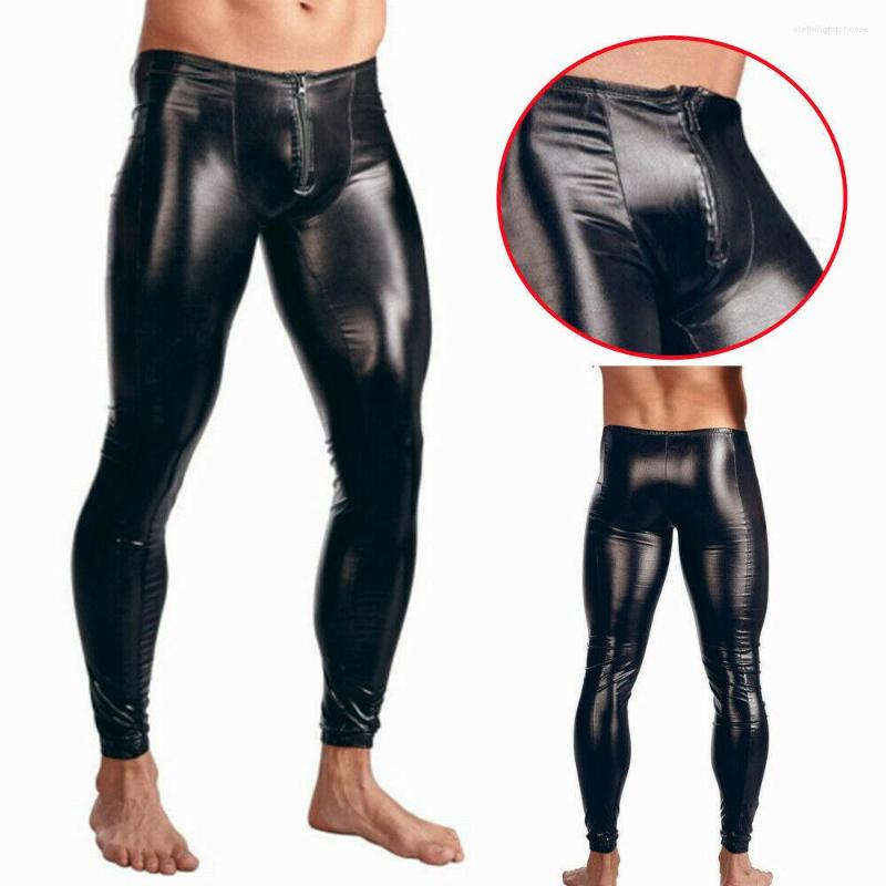

Men's Thermal Underwear Men PU Leather Trousers Fetish Wet Look Zip Front Skinny Pants Slim Legging Motorcycle Sexy Clubwear Costume Dance, Black