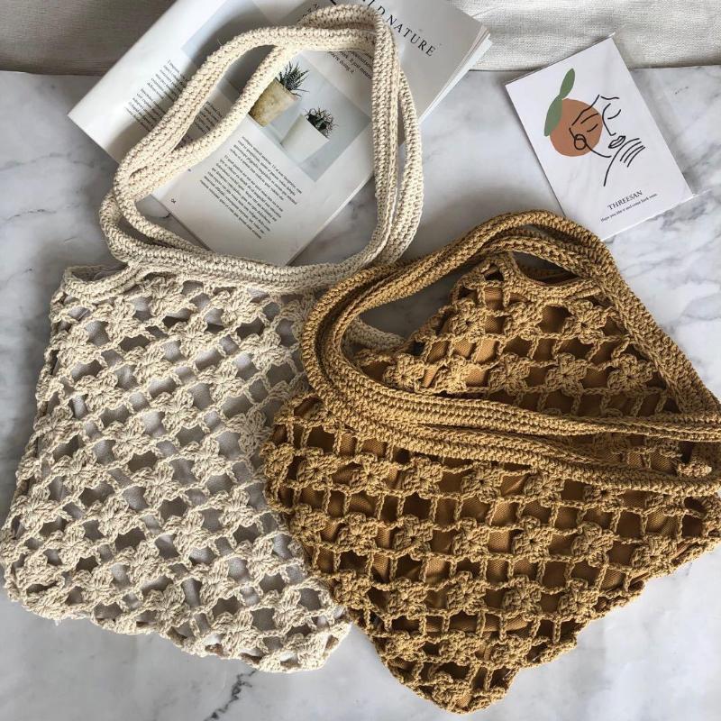 

Evening Bags Fashion Korean Chic Hand Woven Hook Flower Cotton Thread Mori Literature And Straw Wool Holiday Style Hollow Out Women's