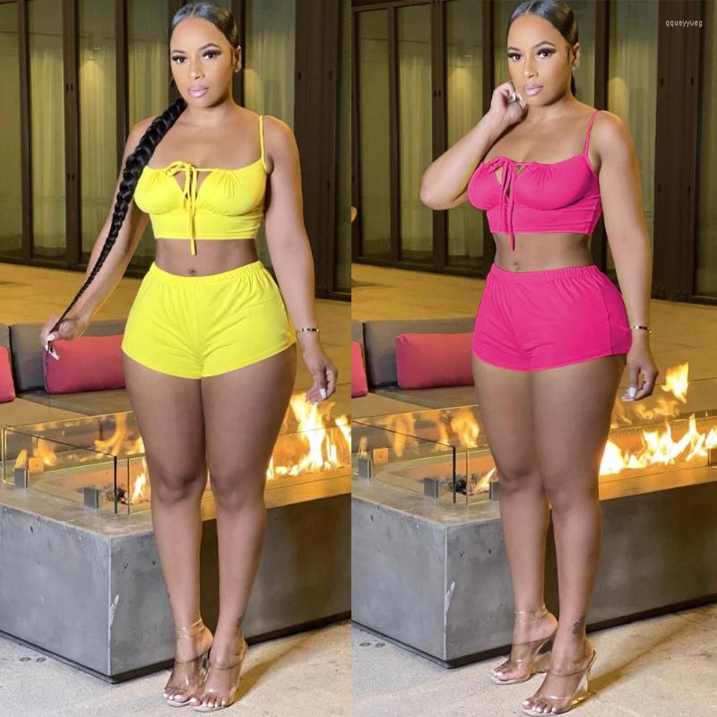 

Women' Tracksuits Echoine Strap Sling Lace Up Crop Top And Shorts Two Piece Set Outfits Summer Sexy Casual Streetwear Party Club Matching, Yellow