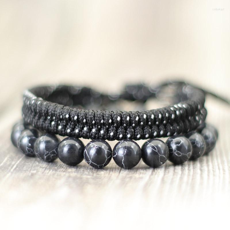

Strand 2 Pcs/Set Handmade 10mm Stone Beads Bracelet Paracord Braided Survival Braclet For Men Armband Jewelry Accessories Homme