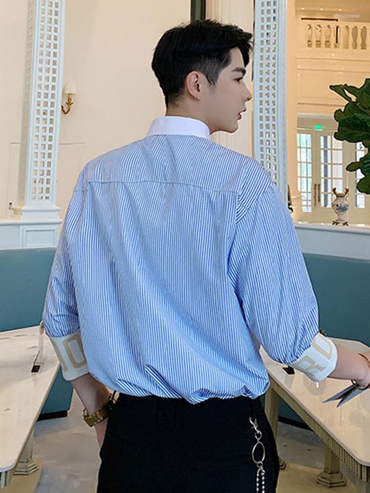 

Men's Casual Shirts Striped Personalized Patchwork Letter Decoration Men's Three Quarter Shirt 2022 Korean Fashionable Tops 2A1298, Blue