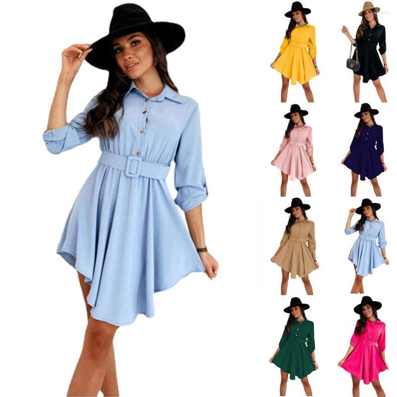 

Casual Dresses 2022 Spring Dress European And American Style Roll Up Sleeve Waist Shirt Long Solid