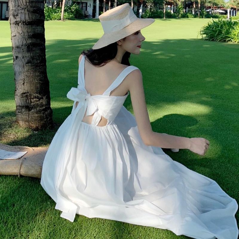 

Casual Dresses Sexy Women Beach Wear Long Backless Dress White Green Sleeveless Square Collar French Retro Robe, Green dress