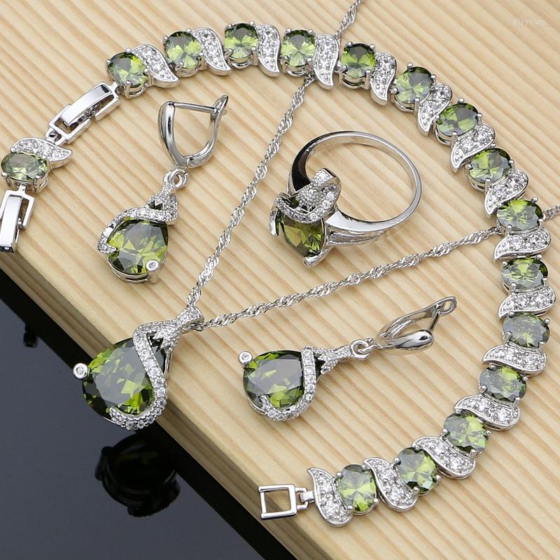 

Necklace Earrings Set 925 Sterling Olive Green Cubic Zirconia Jewelry Kits For Women Retro Bracelet Drop, Picture shown